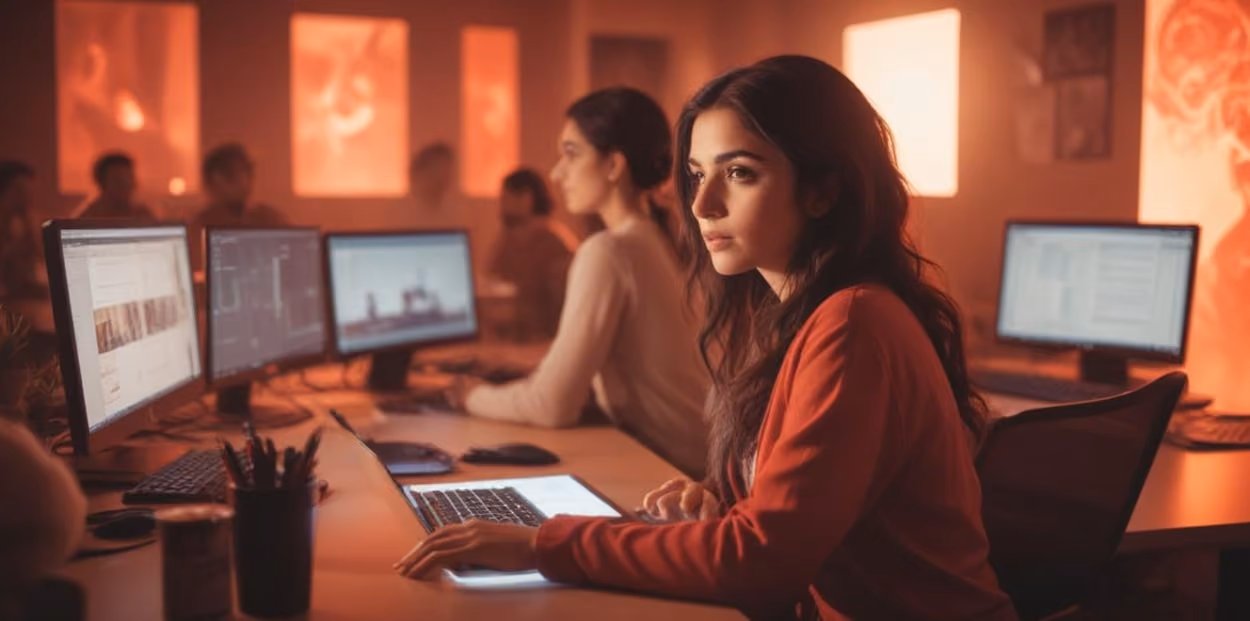 A woman working diligently at her desk with a laptop, showcasing a productive and organized environment.
