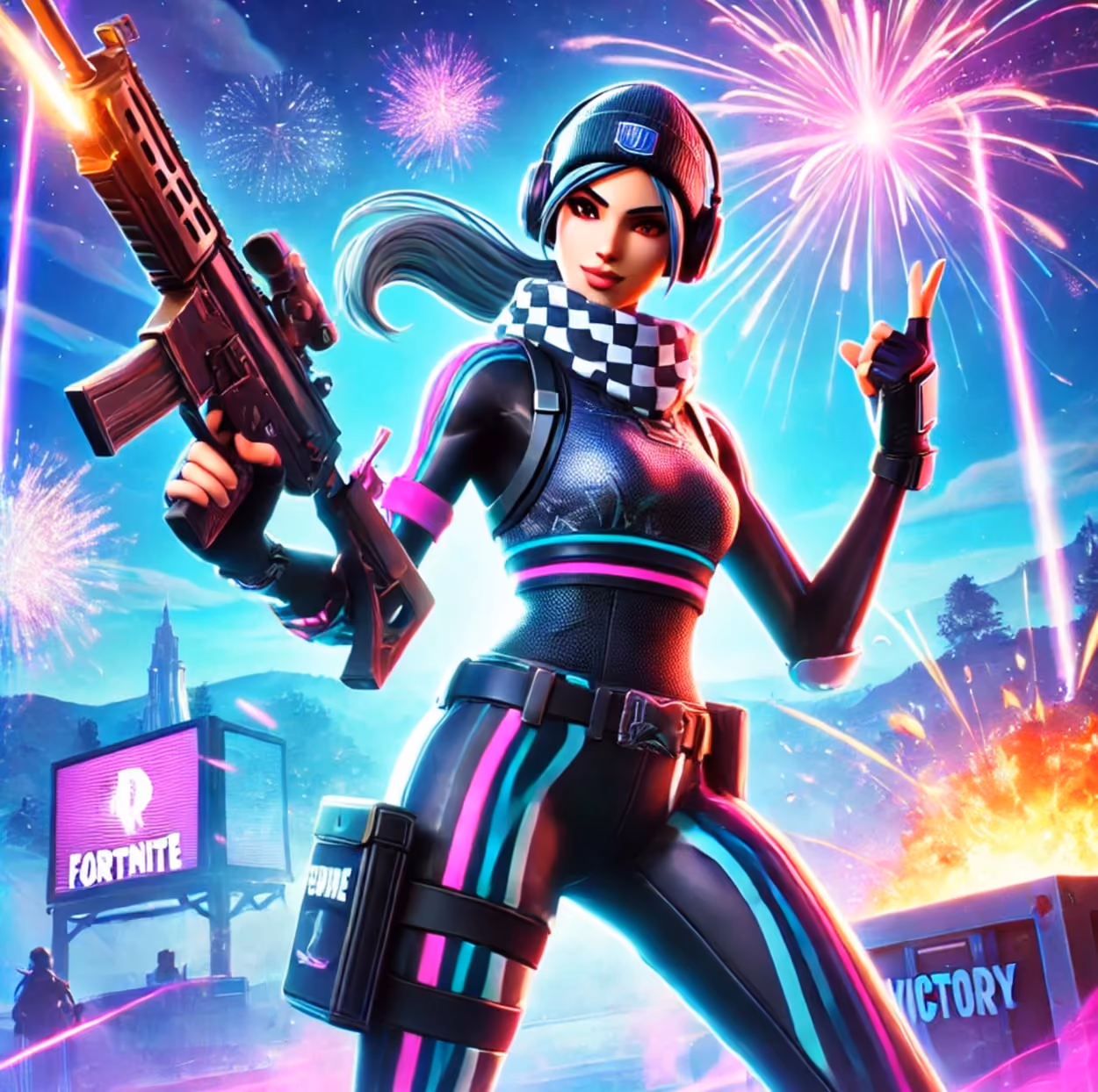 A dynamic game cover featuring a woman wielding a gun amidst a backdrop of vibrant fireworks.