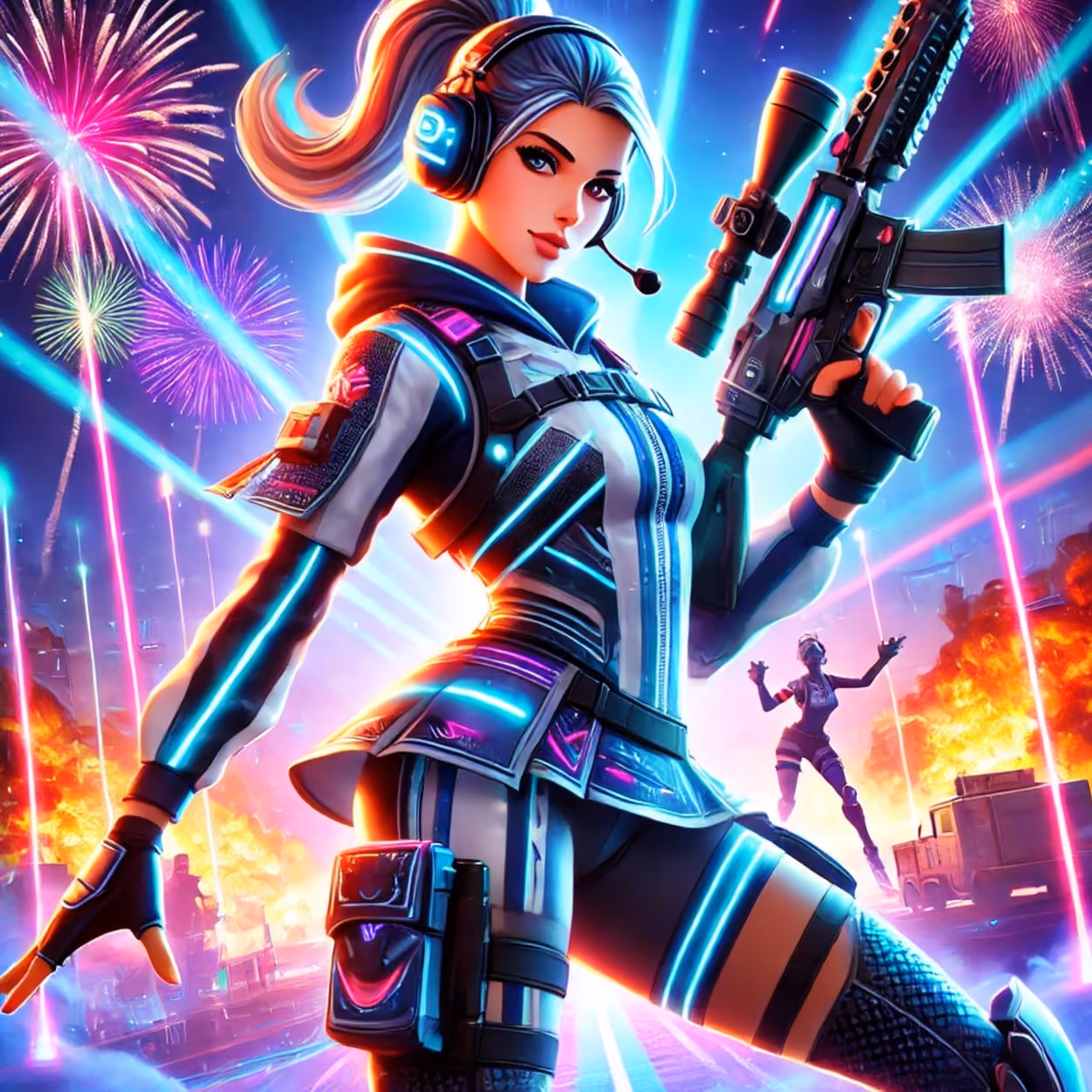 A dynamic game cover featuring a woman wielding a gun amidst a backdrop of vibrant fireworks.
