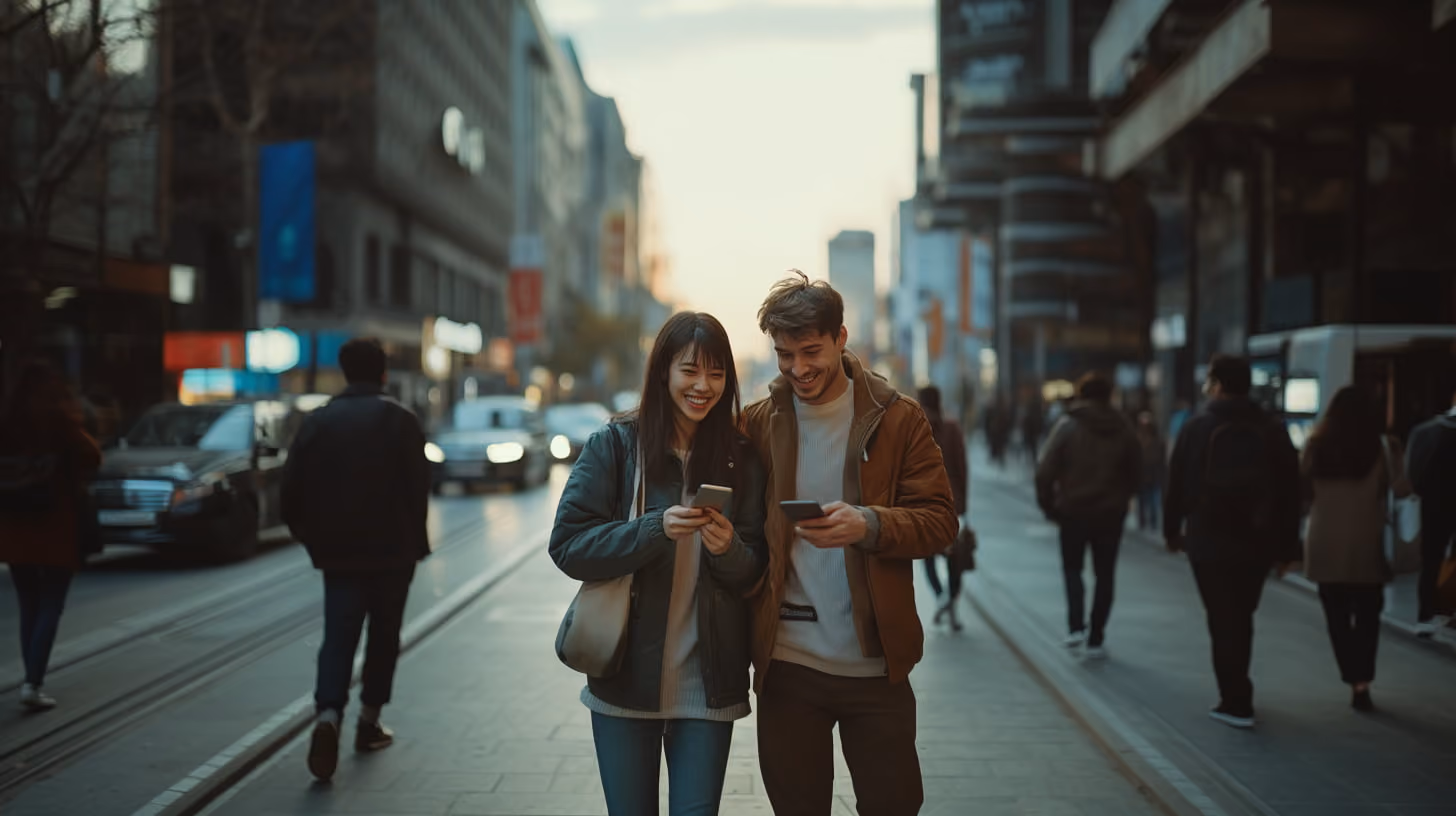 A couple stands in a bustling city street, both focused on their phones amidst the urban environment.
