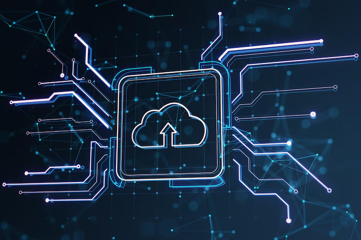 Visual representation of cloud computing and data storage, featuring interconnected servers and digital elements.