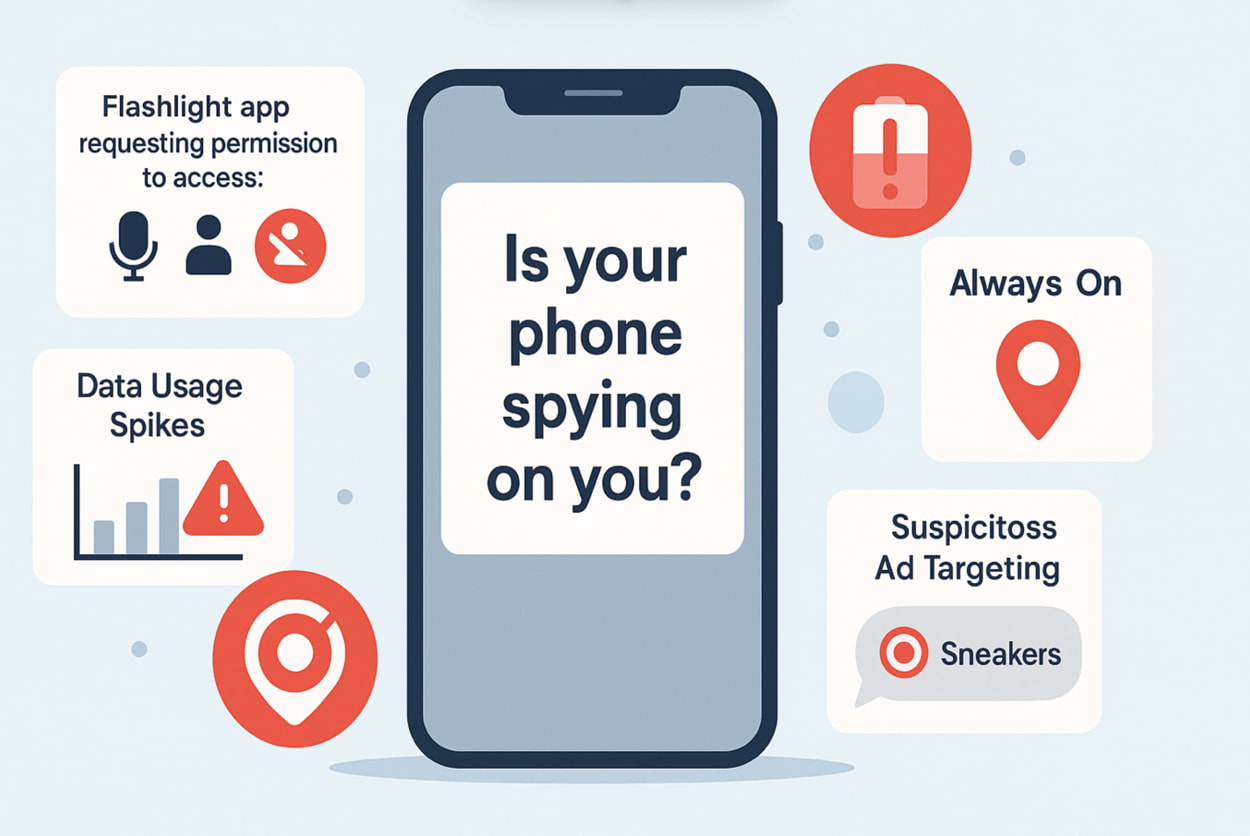 A concerned person holding a smartphone, questioning if their device is monitoring their activities.