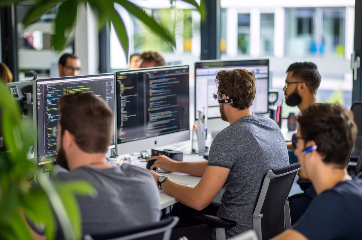 A diverse group of professionals collaborating at computers in a modern office environment.