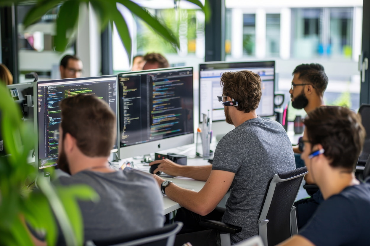 A diverse group of professionals collaborating at computers in a modern office environment.