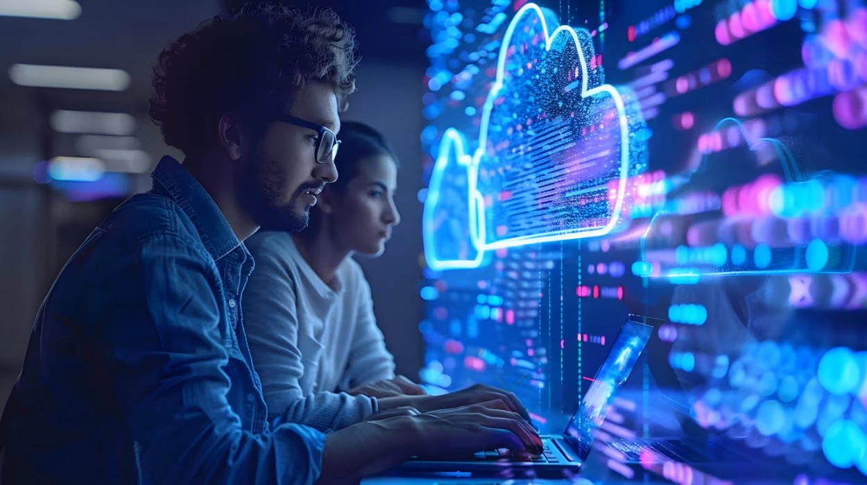 Two individuals collaborate on a laptop displaying a cloud icon on the screen.