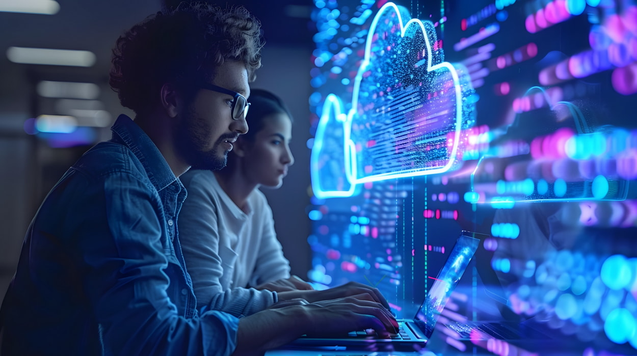 Two individuals collaborate on a laptop displaying a cloud icon on the screen.