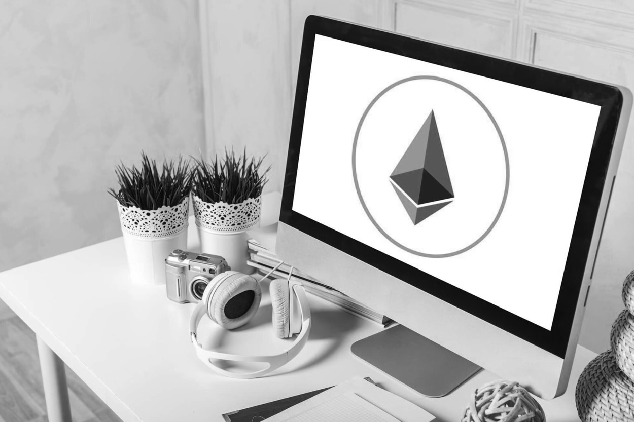 Ethereum cryptocurrency displayed on a desktop computer screen with a digital wallet interface. 