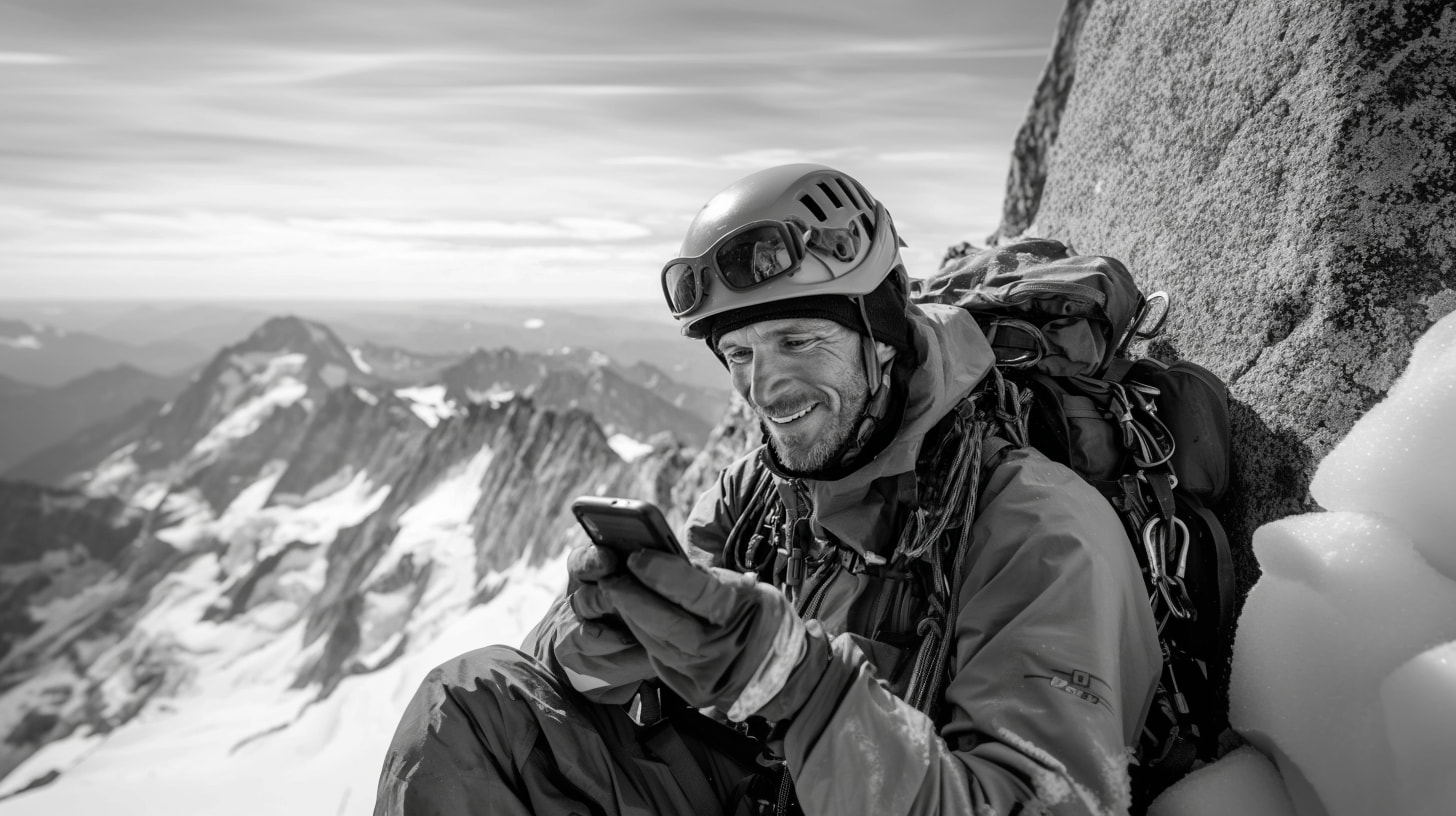A happy man climbers, fully equipped with mountain climbing gear and accessories, watching on his phone, mountain view in the background, black and white photograph --ar 16:9