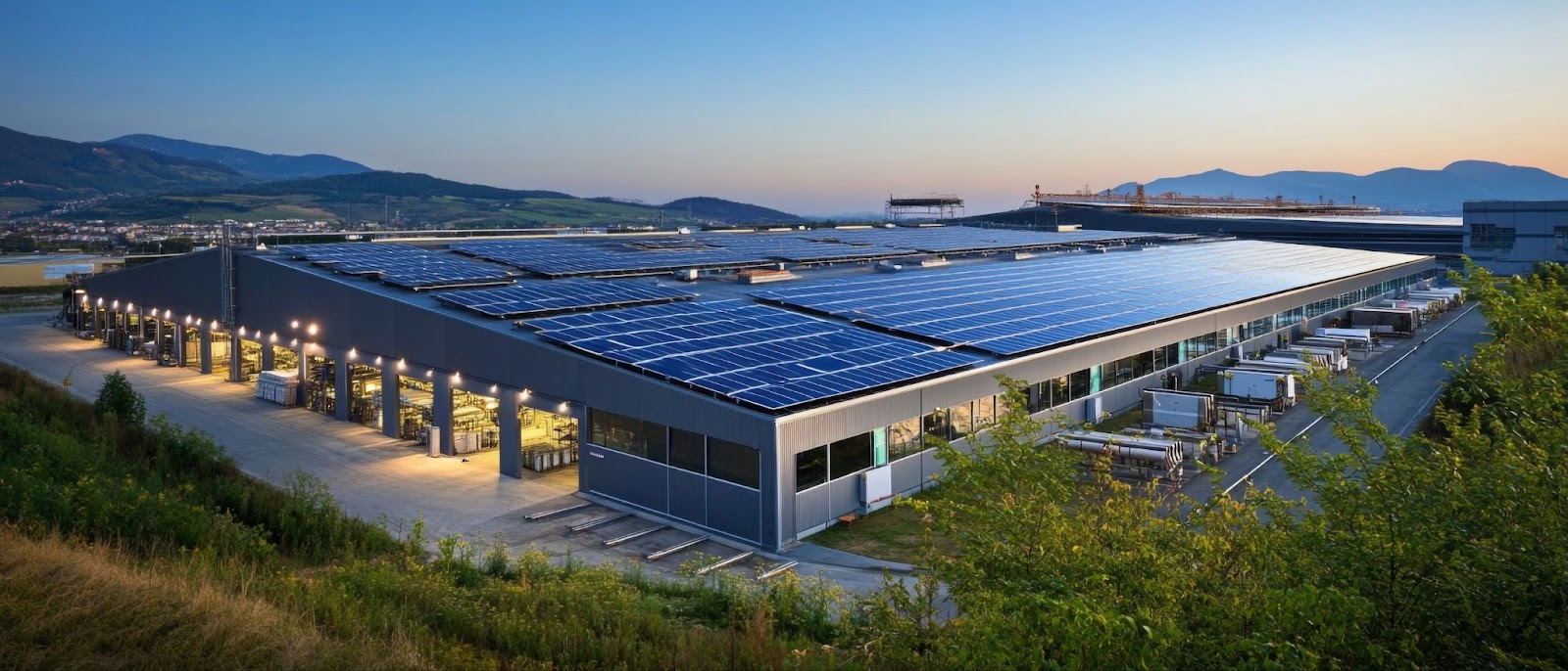 Solar panels installed on the roof of a modern building, showcasing renewable energy technology.  