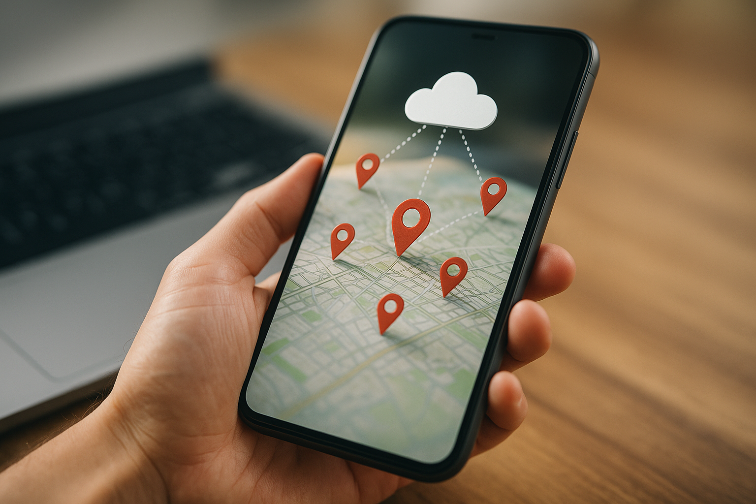 Person holding a smartphone displaying a digital map with multiple red location pins connected via dotted lines to a white cloud icon, set against a blurred laptop in the background to illustrate location data tracking.