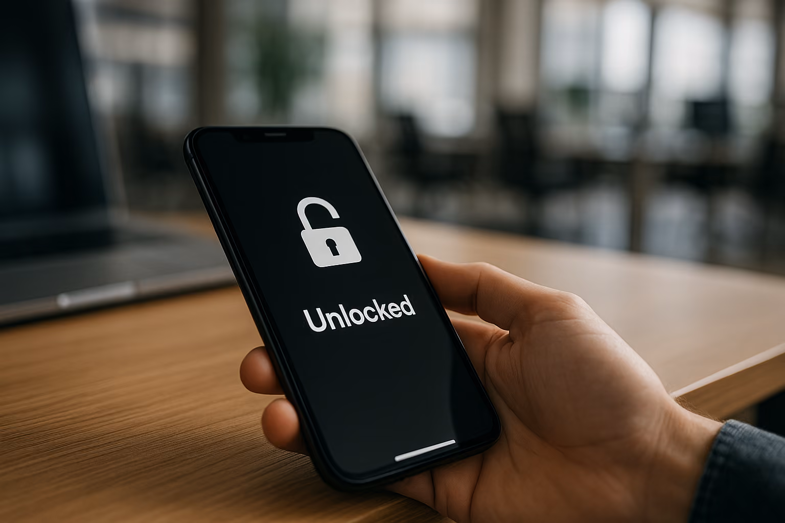 A hand holding a modern smartphone above a wooden office desk, the screen displaying a white open-padlock icon and the word “Unlocked,” with a softly blurred office environment in the background.