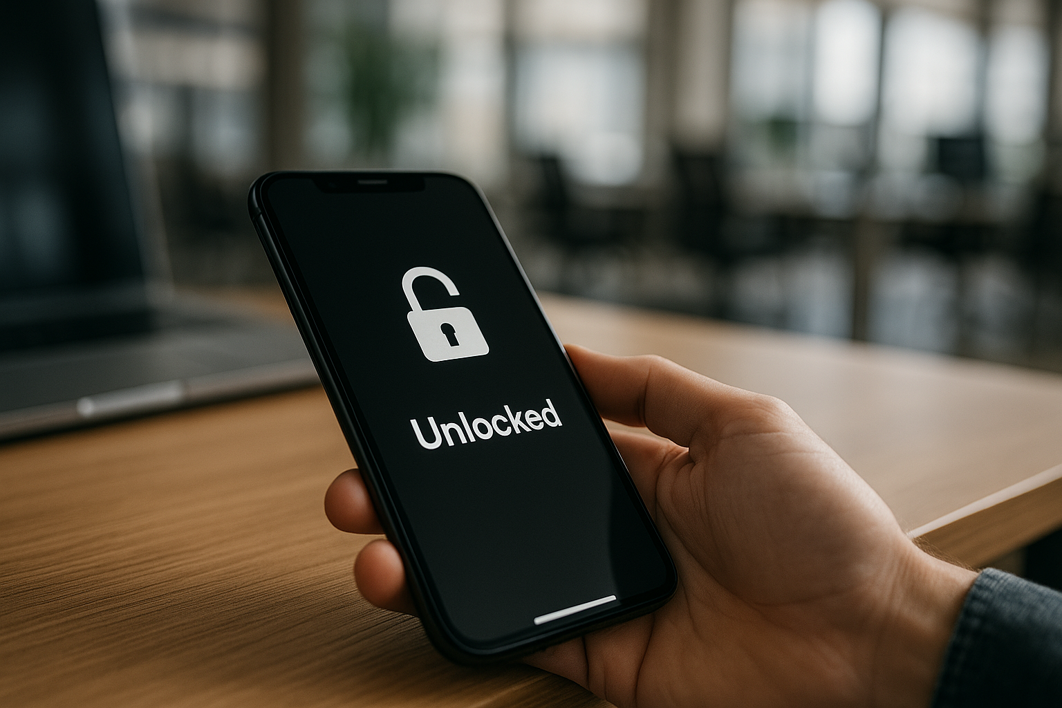 A hand holding a modern smartphone above a wooden office desk, the screen displaying a white open-padlock icon and the word “Unlocked,” with a softly blurred office environment in the background.