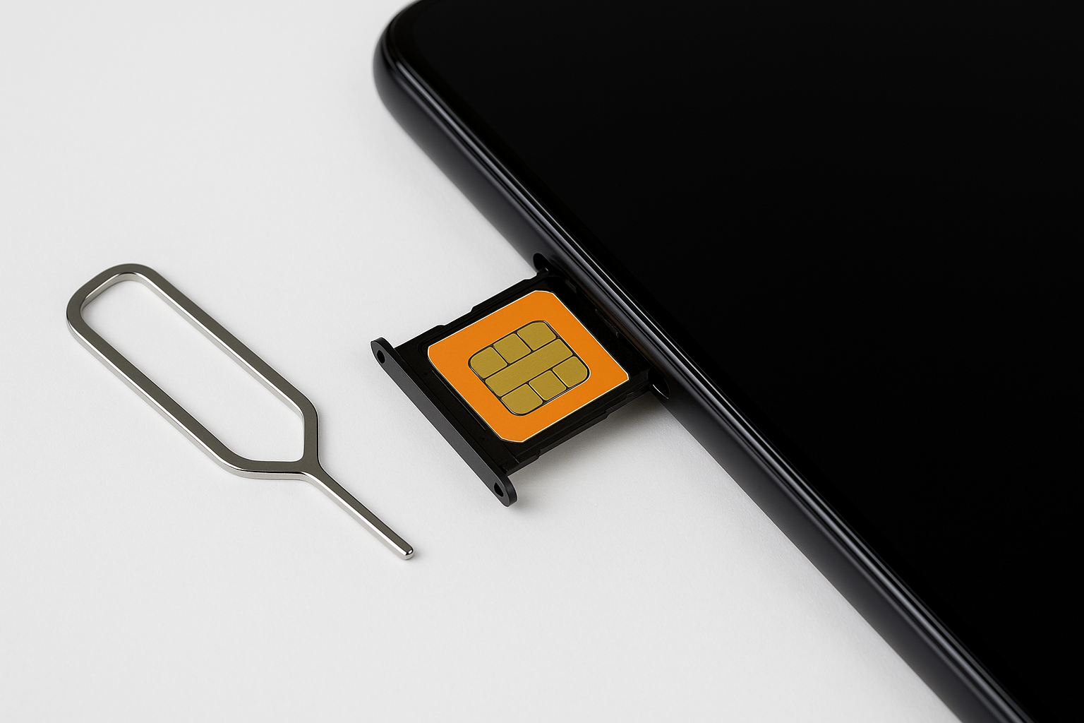 Sleek black smartphone on a clean white background, its SIM tray partially ejected to reveal an orange SIM card, with a silver SIM-ejector tool lying beside it.