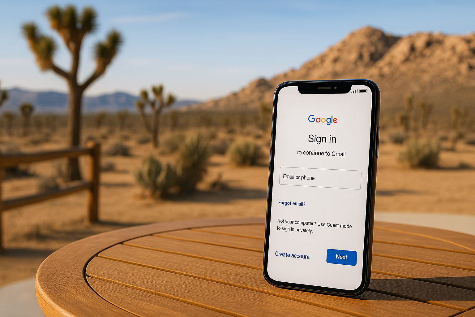 Smartphone standing on a round wooden patio table in a California desert at golden hour, screen displaying the Google Sign-in page, with potted succulents, terracotta tiles, Joshua trees, and rocky hills softly blurred in the background.