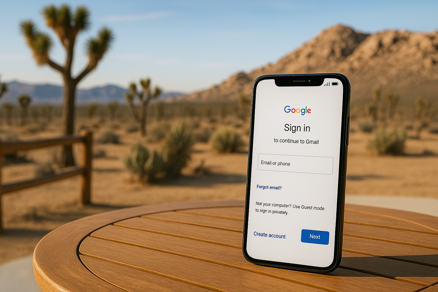 Smartphone standing on a round wooden patio table in a California desert at golden hour, screen displaying the Google Sign-in page, with potted succulents, terracotta tiles, Joshua trees, and rocky hills softly blurred in the background.