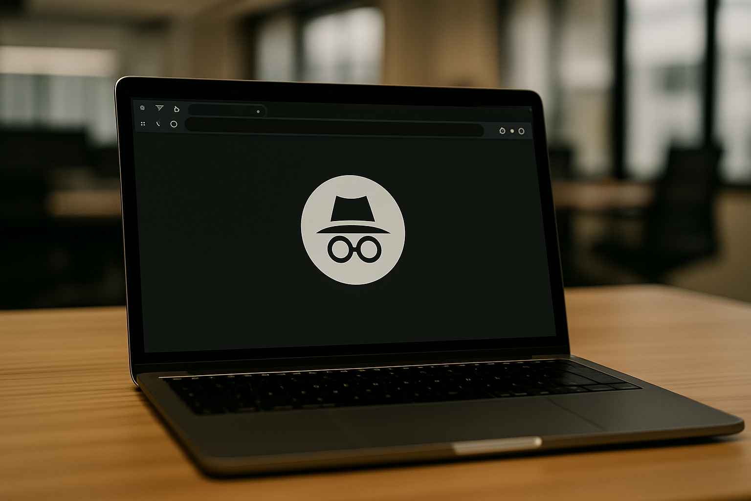 A sleek silver laptop on a wooden desk in a blurred contemporary office, screen showing only the incognito mode icon (hat and glasses) in a dark browser window, highlighting private browsing mode.