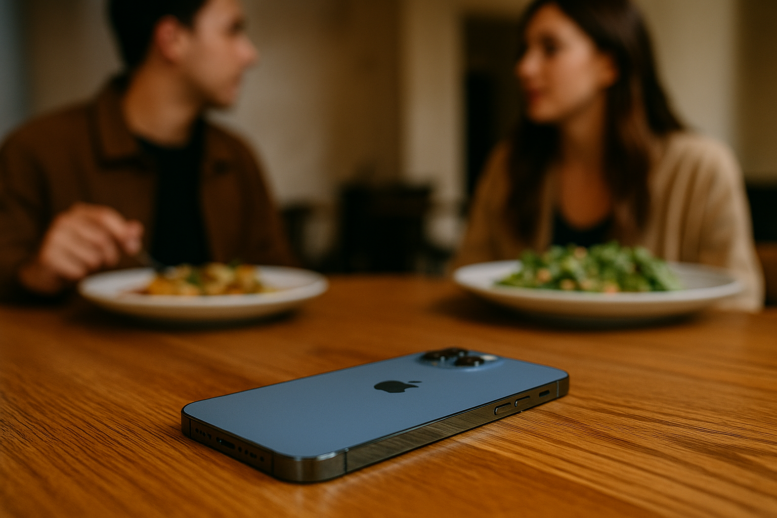 Sierra Blue iPhone Pro Max placed face-down on a wooden table, with blurred plates of food and two people conversing in the background, highlighting mobile privacy during a casual meal.