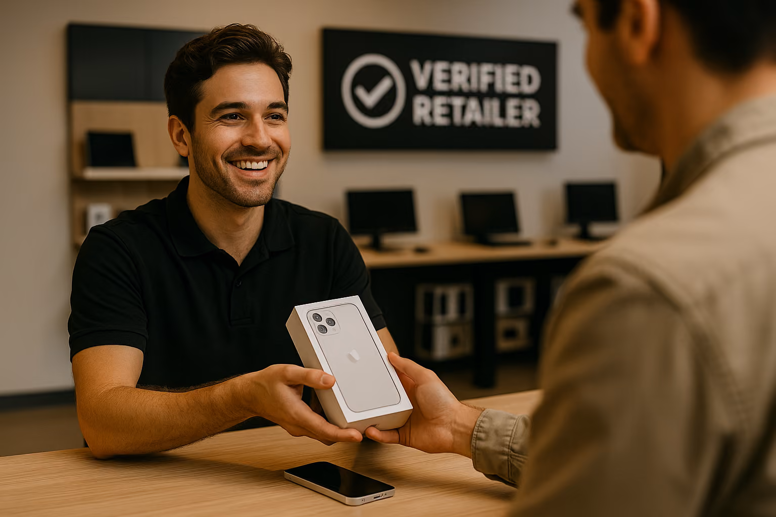 smiling sales associate handing a boxed smartphone to a customer across a wooden counter in a store, with a “Verified Retailer” sign in the background, showcasing a secure, official purchase without any promotional tags.