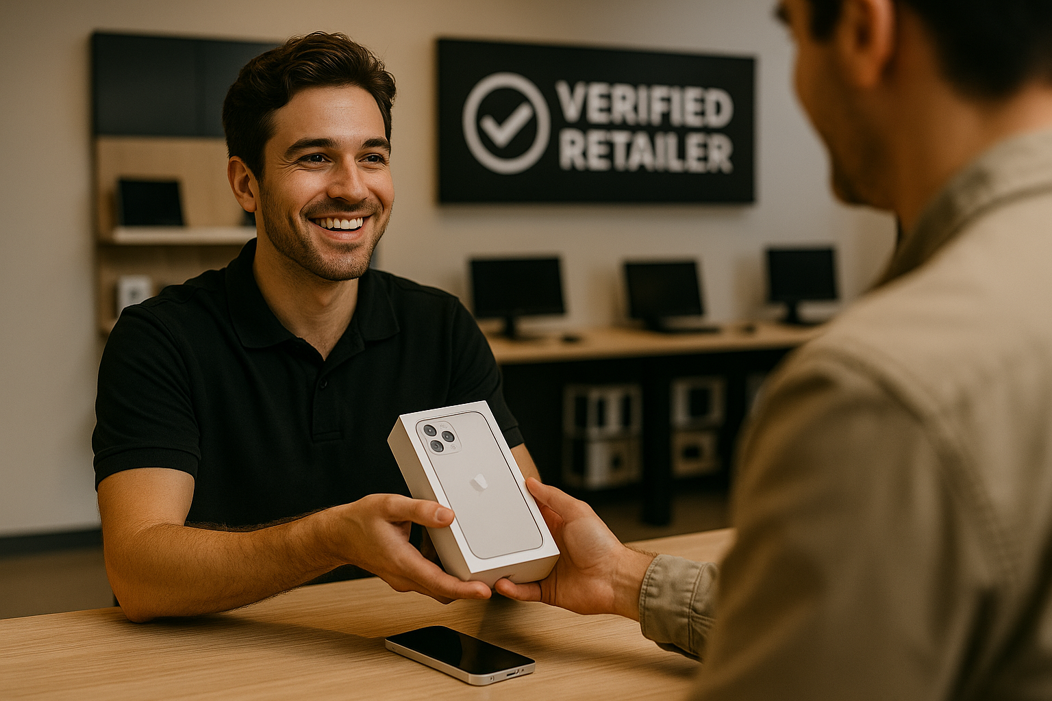 smiling sales associate handing a boxed smartphone to a customer across a wooden counter in a store, with a “Verified Retailer” sign in the background, showcasing a secure, official purchase without any promotional tags.