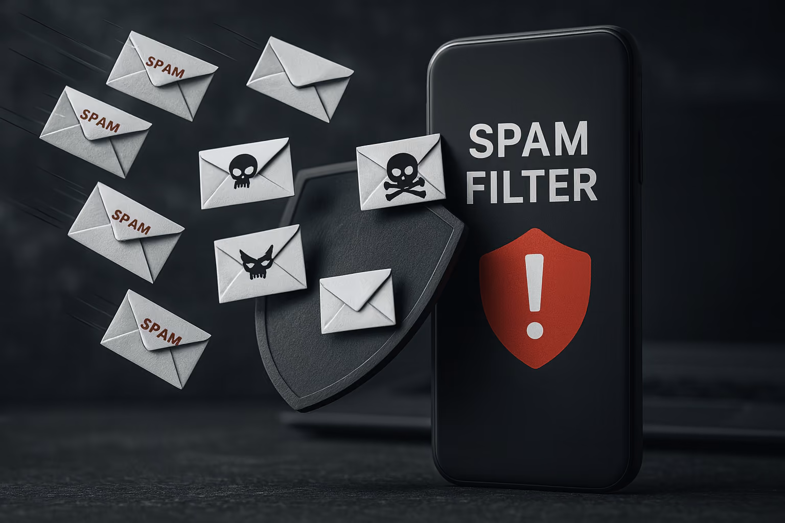 Visual of a smartphone with "Spam Filter" on the screen, blocking incoming envelopes labeled as spam and malware icons, symbolizing email protection from phishing and malicious messages.