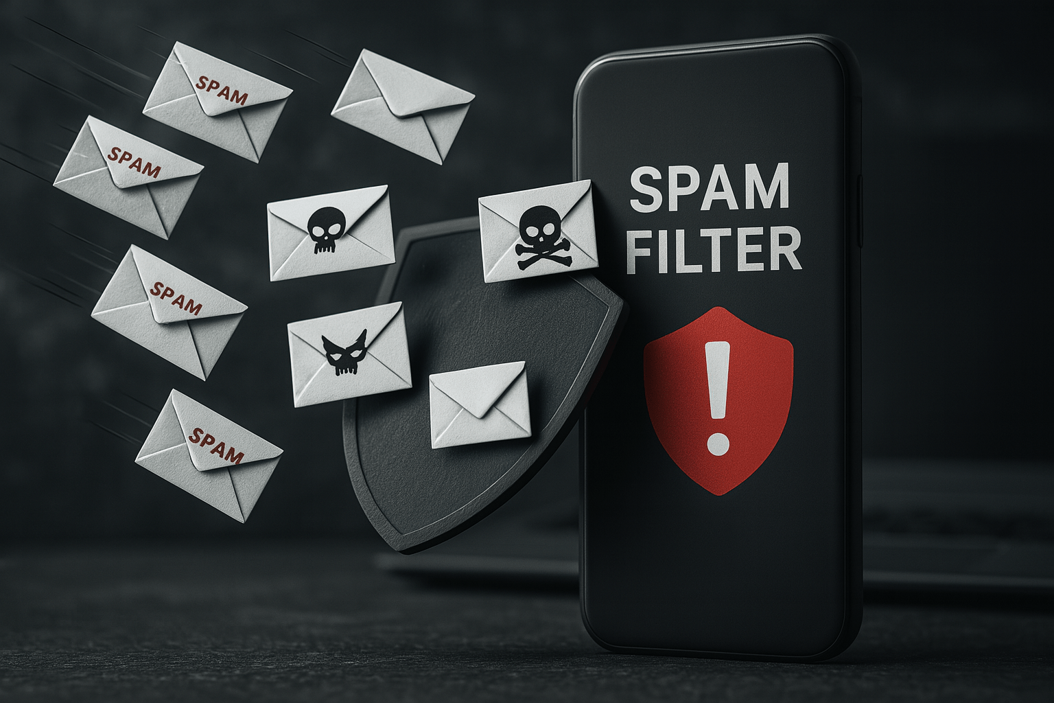 Visual of a smartphone with "Spam Filter" on the screen, blocking incoming envelopes labeled as spam and malware icons, symbolizing email protection from phishing and malicious messages.