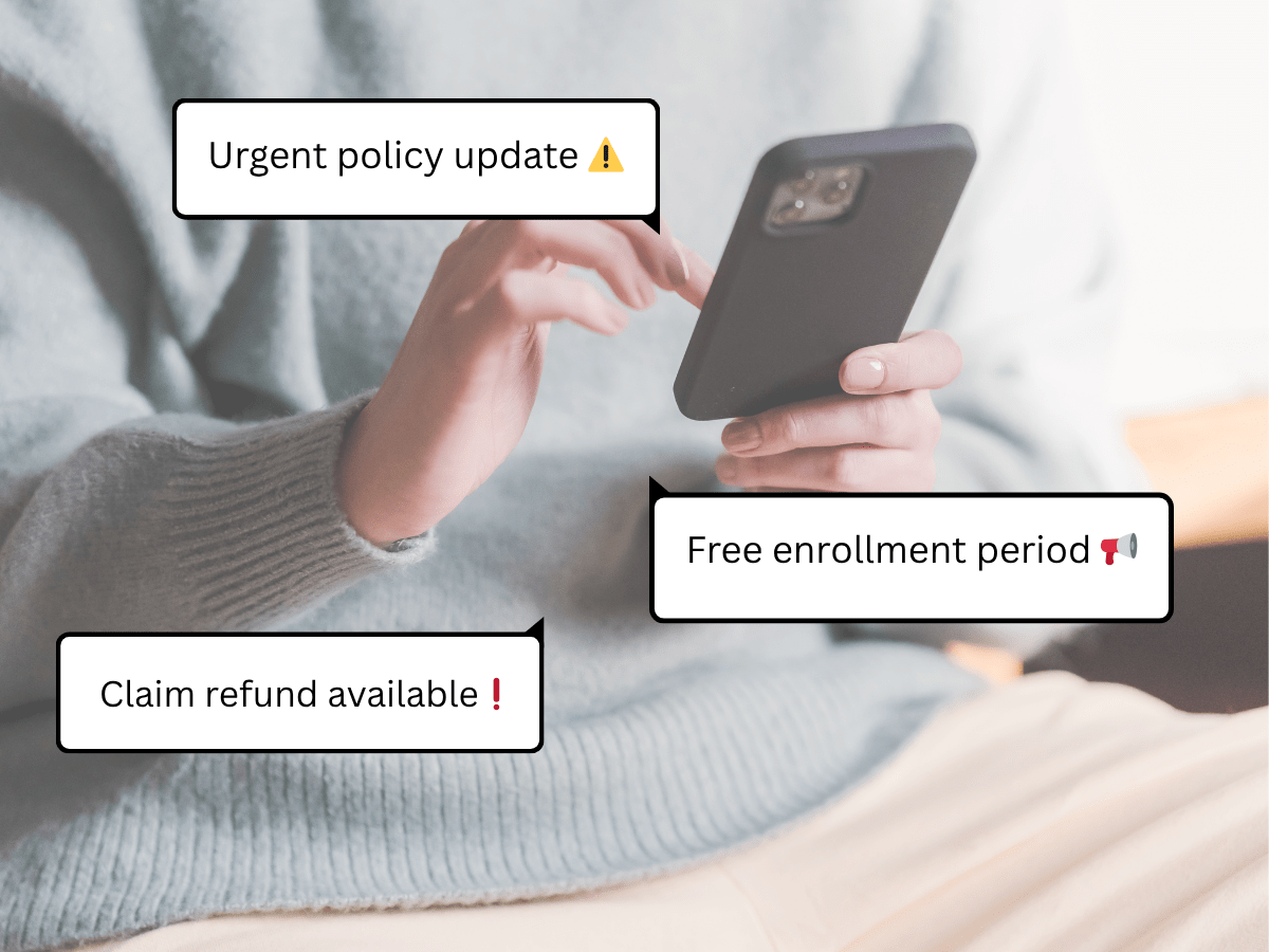 Person holding a smartphone while receiving suspicious text messages with phrases like “Urgent policy update,” “Free enrollment period,” and “Claim refund available,” illustrating common SMS phishing tactics.