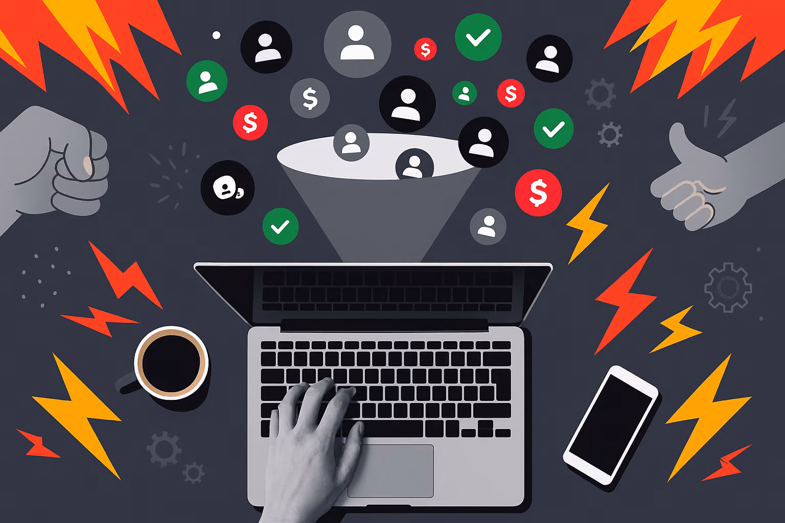 Illustration of a laptop collecting user data through a digital funnel, with icons for profiles, messages, and dollar signs representing social media tracking and data collection