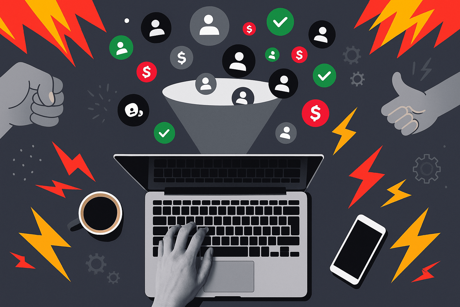 Illustration of a laptop collecting user data through a digital funnel, with icons for profiles, messages, and dollar signs representing social media tracking and data collection