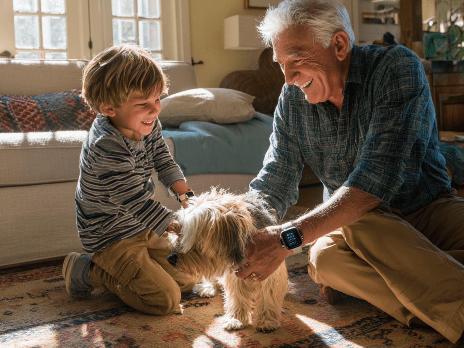Candid photo of a grandfather and grandson smiling as they play with their small dog in a cozy living room, both wearing Apple Watches that highlight family connection and modern technology use.