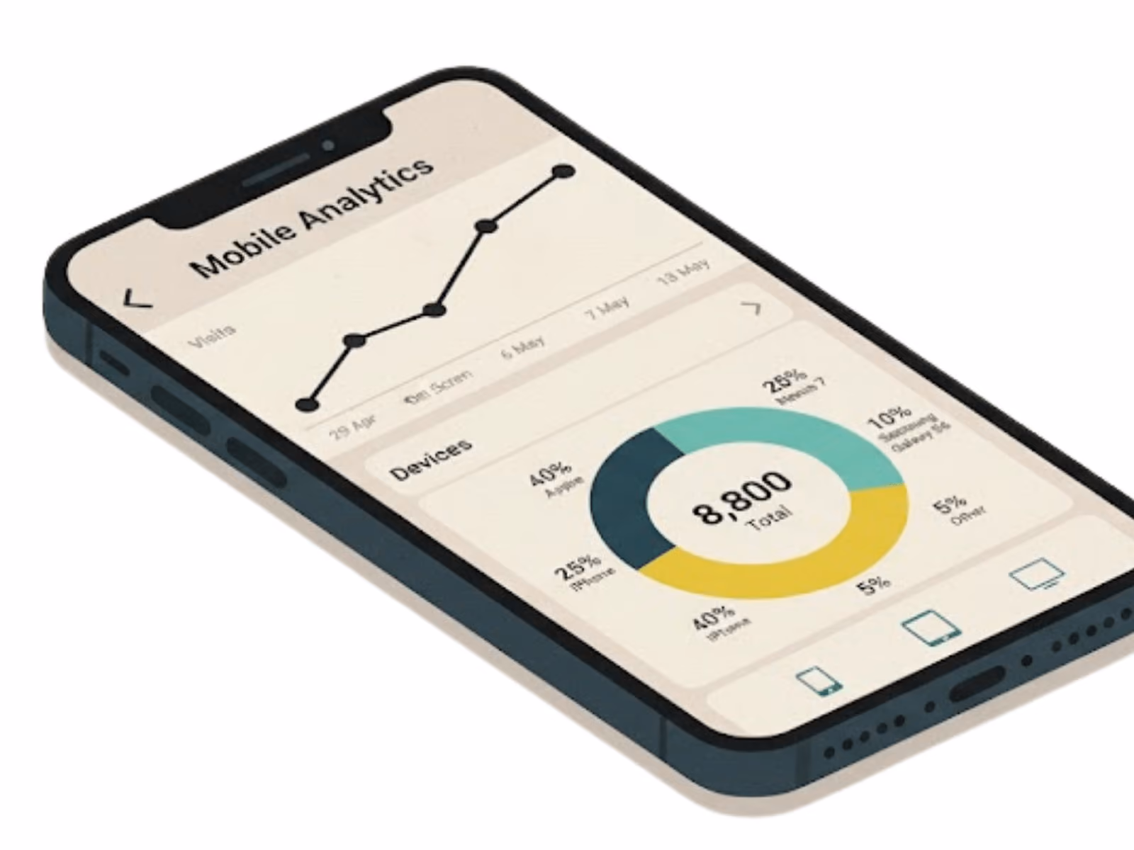 smartphone screen showing a mobile analytics interface with charts and graphs tracking visits, device types, and user data metrics.