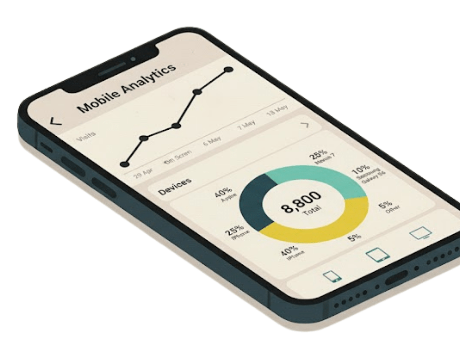 smartphone screen showing a mobile analytics interface with charts and graphs tracking visits, device types, and user data metrics.