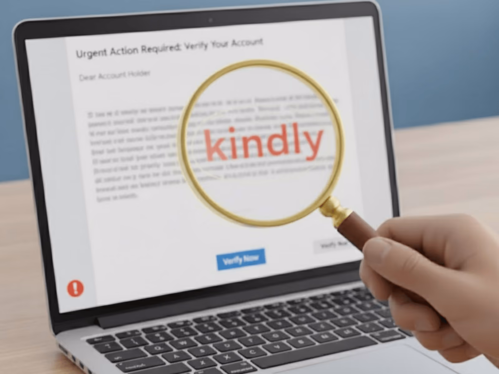 laptop screen showing a phishing email with the word “kindly” magnified by a glass, symbolizing scam detection, online fraud awareness, and cybersecurity vigilance.