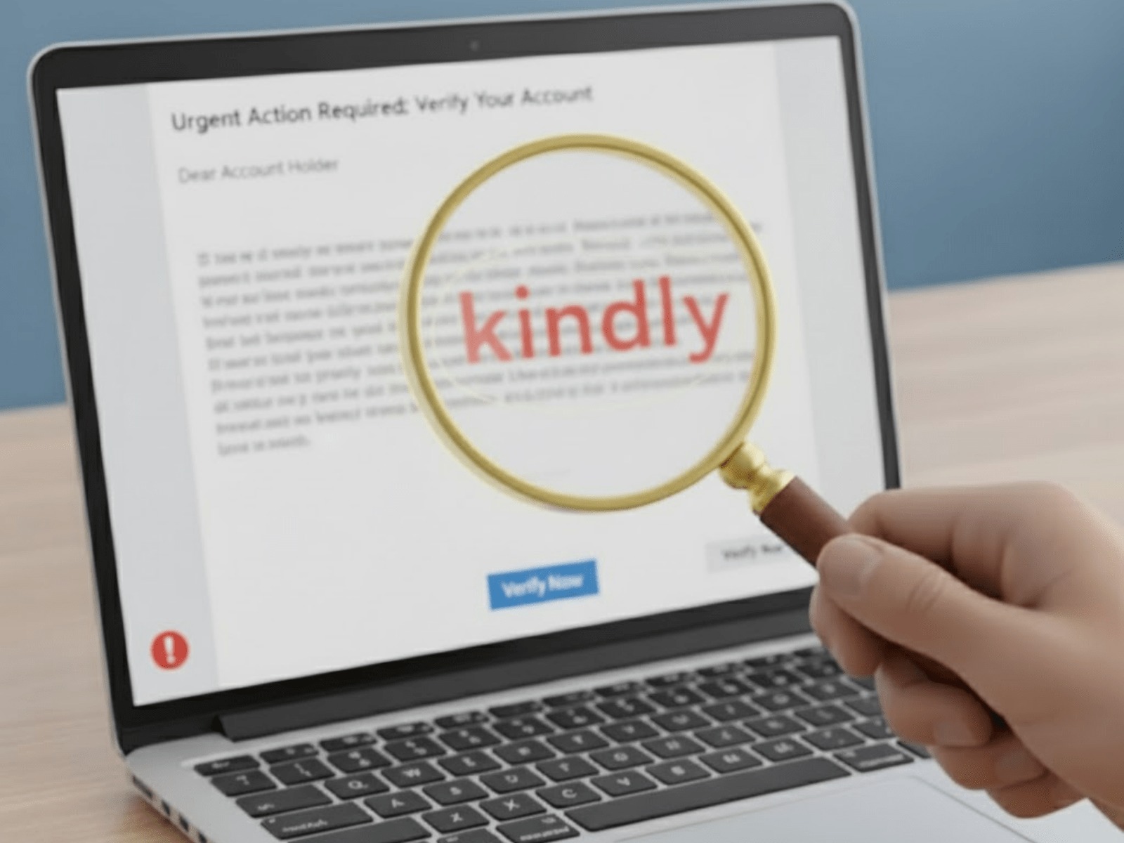 laptop screen showing a phishing email with the word “kindly” magnified by a glass, symbolizing scam detection, online fraud awareness, and cybersecurity vigilance.
