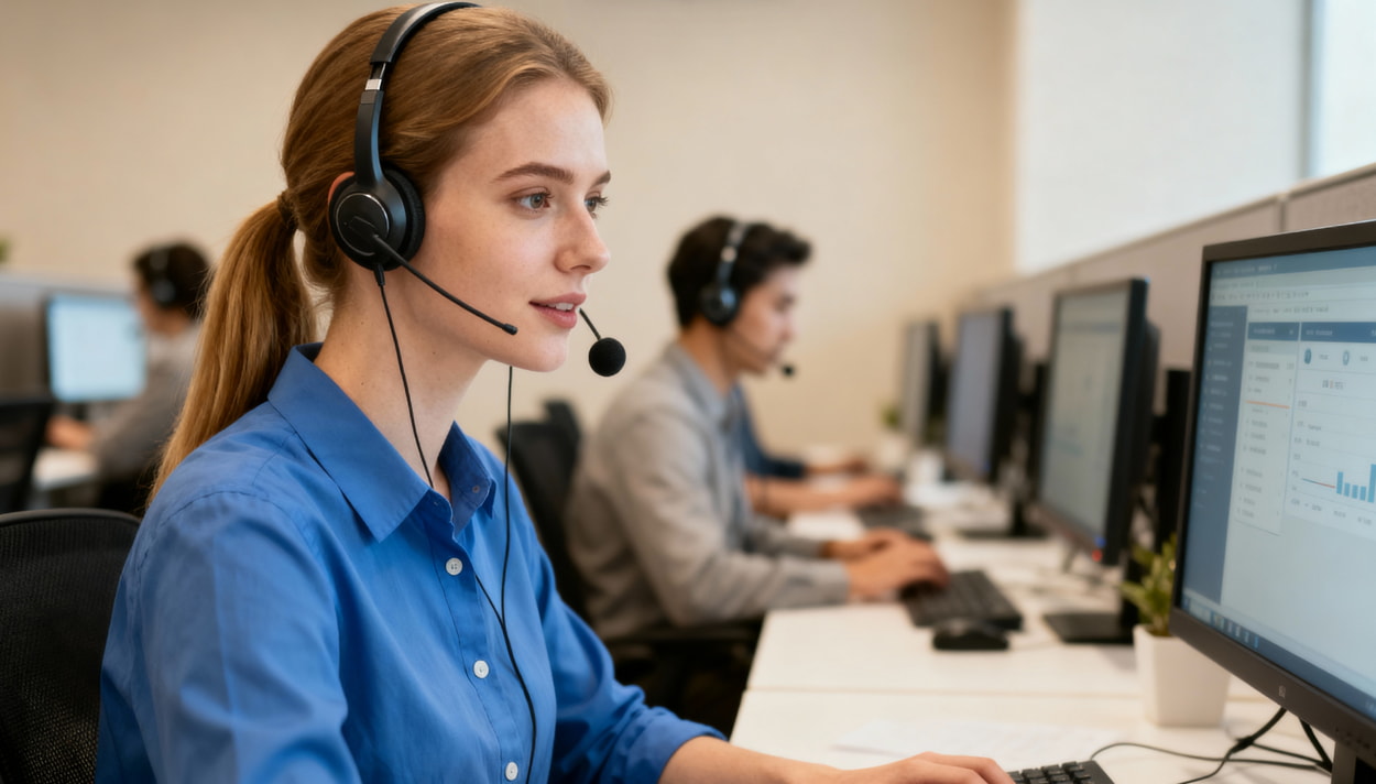 A woman wearing a headset, focused on her work in a modern office environment. 