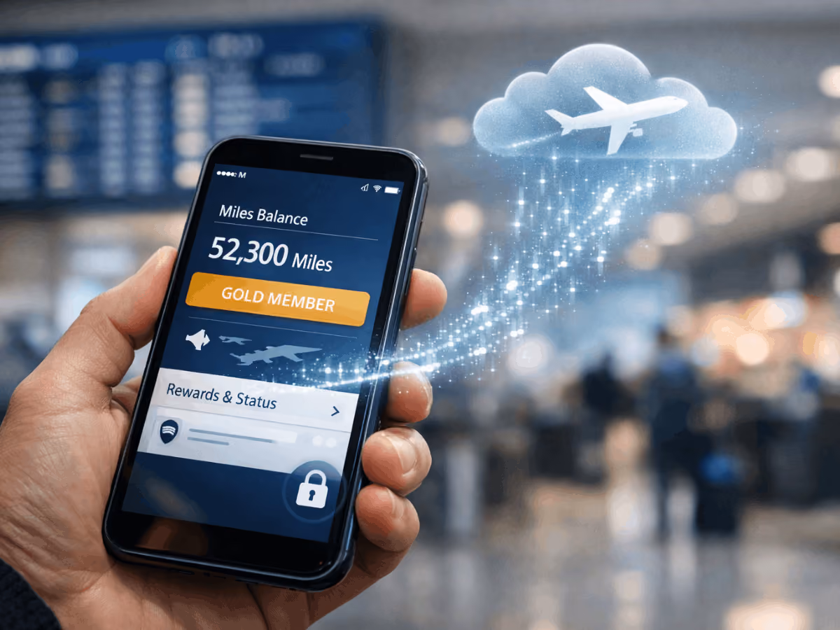 smartphone showing airline miles balance and gold member status inside airport terminal, symbolizing airline app data tracking and frequent flyer privacy concerns.