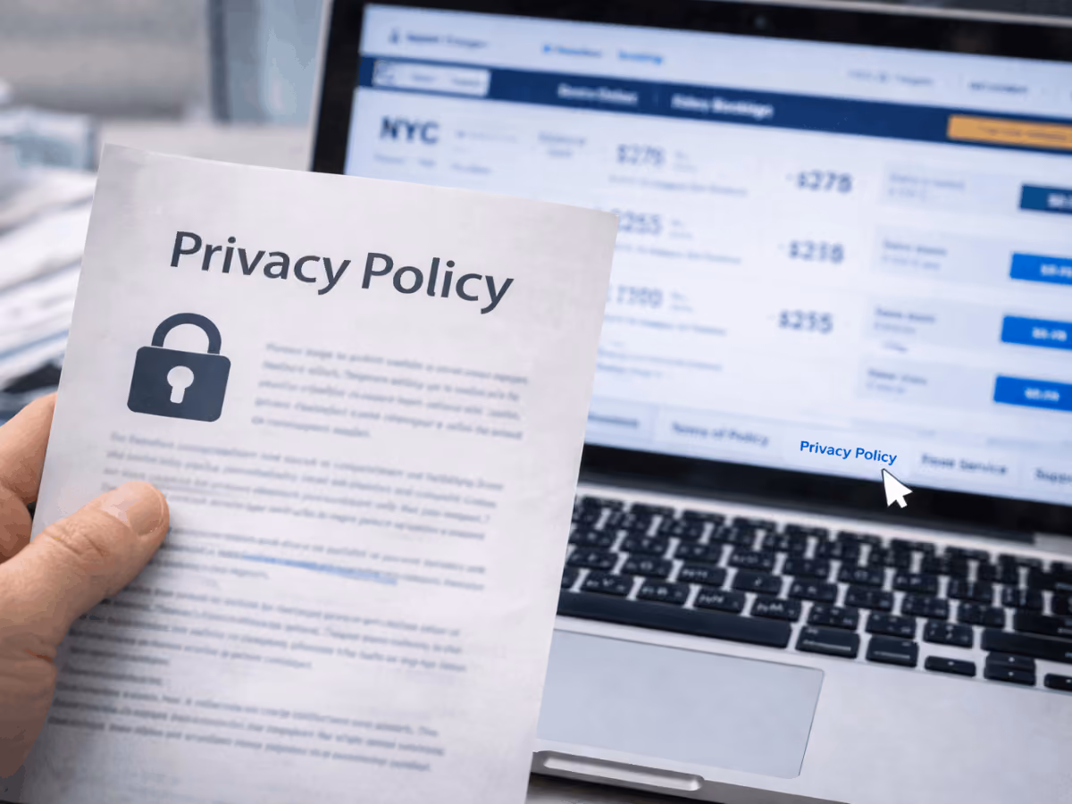 printed privacy policy document while viewing airline flight booking website on laptop, highlighting airline data collection and privacy terms.