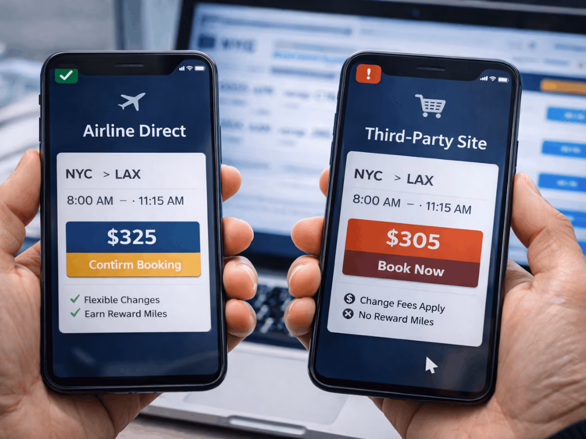 comparing airline direct booking and third-party flight site prices for NYC to LAX, highlighting pricing differences, reward miles, and booking transparency.