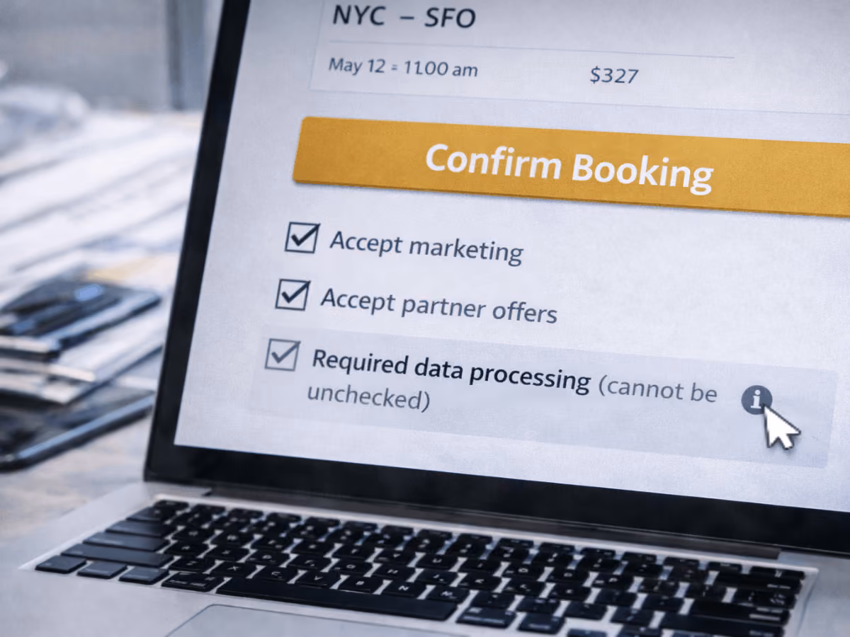 Laptop screen showing airline booking confirmation page with checkboxes for marketing consent, partner offers, and required data processing, highlighting travel data collection and privacy terms.