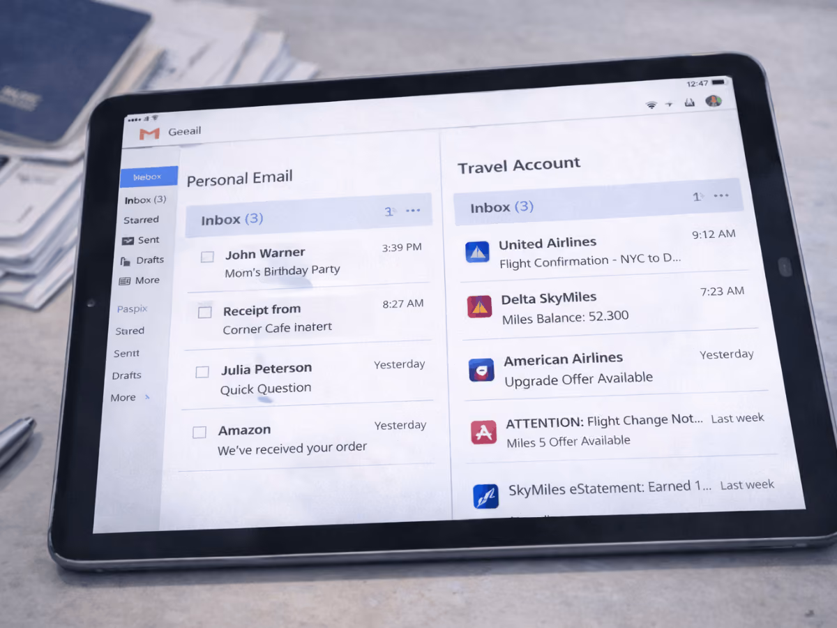 Tablet screen showing split view of personal email and travel account inbox with airline confirmations and reward notifications, illustrating travel data organization and email privacy.