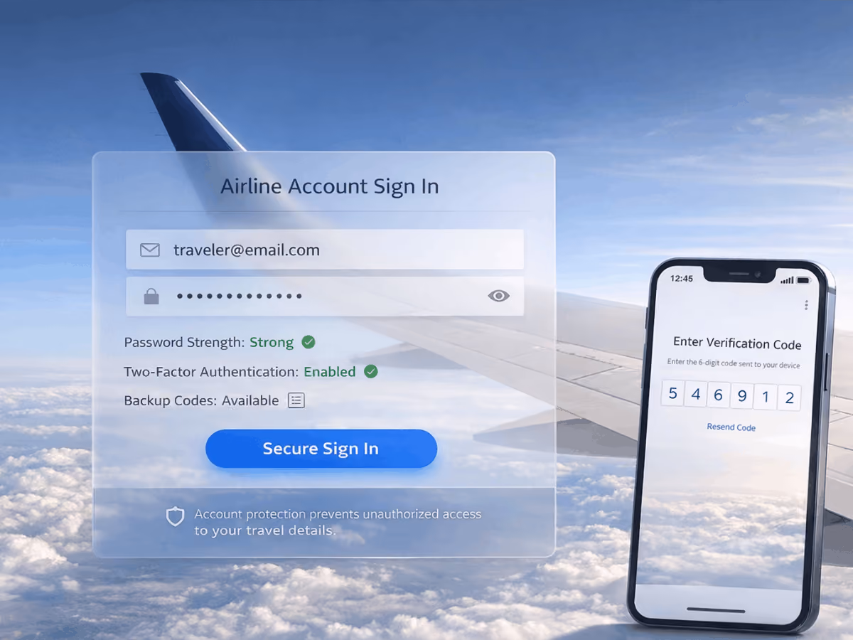 Airline account sign-in screen showing strong password, two-factor authentication enabled, and verification code entry on smartphone, illustrating travel account security and data protection.