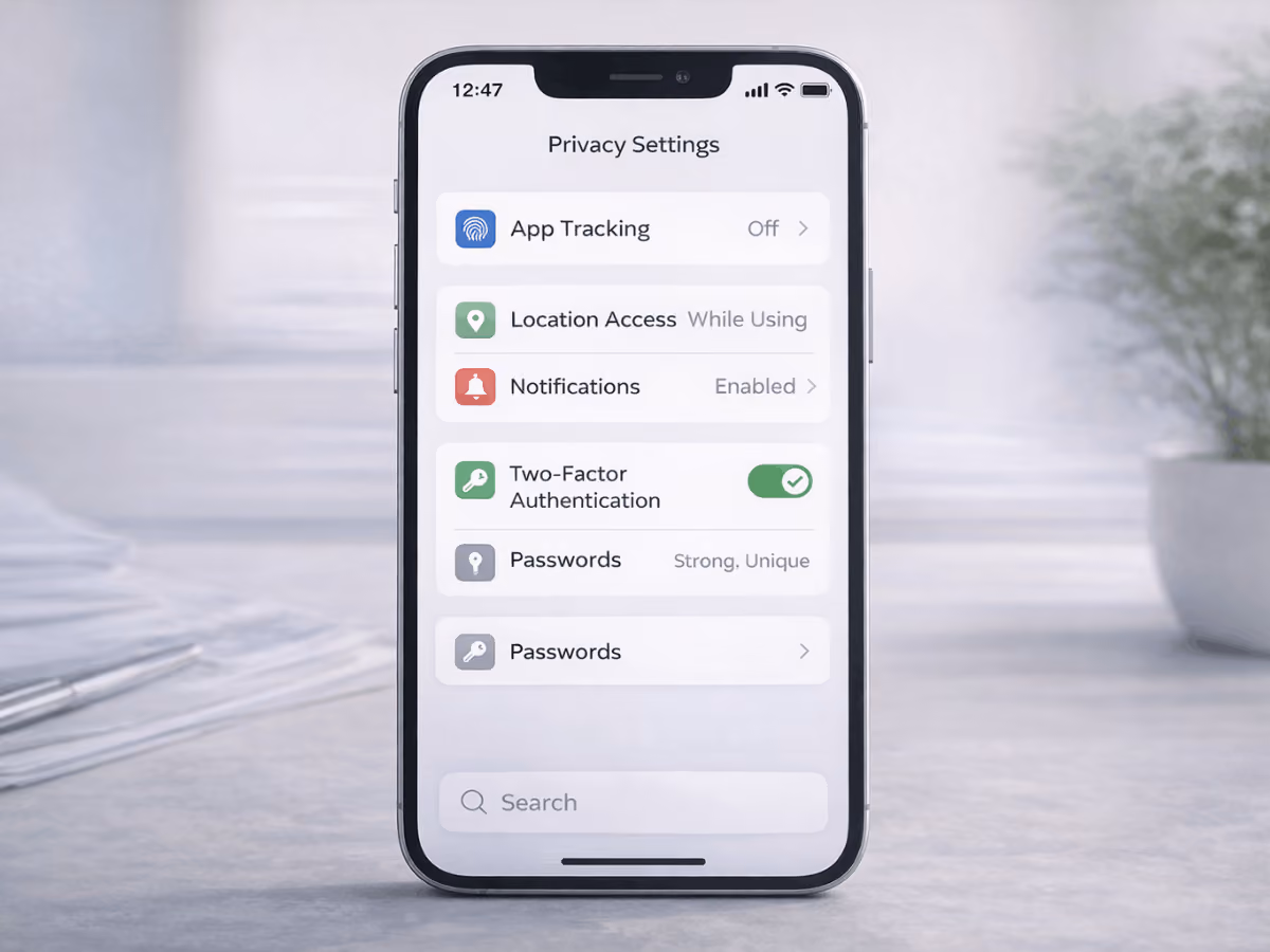 Text: Smartphone screen displaying privacy settings with app tracking turned off, location access controls, and two-factor authentication enabled to reduce data sharing on iPhone