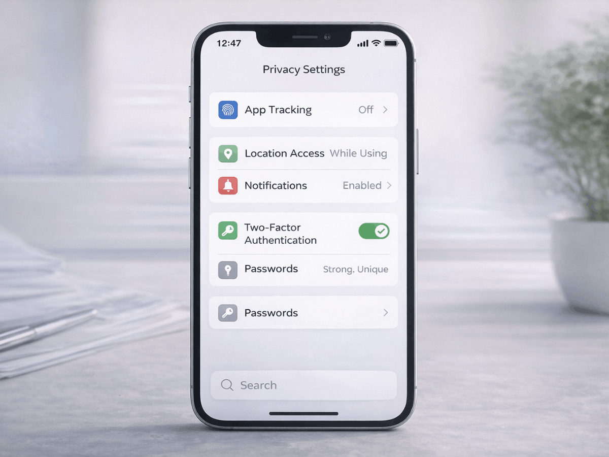 Text: Smartphone screen displaying privacy settings with app tracking turned off, location access controls, and two-factor authentication enabled to reduce data sharing on iPhone