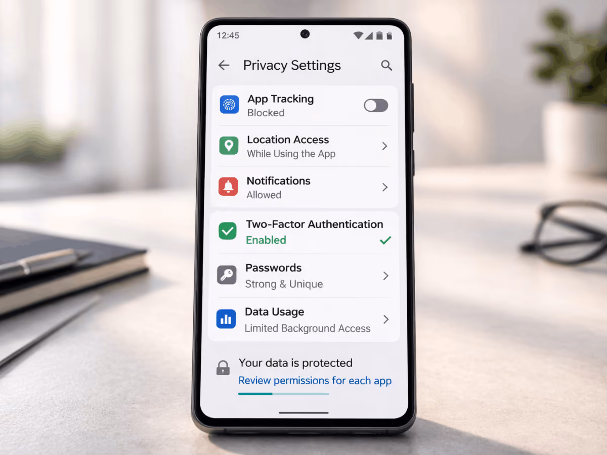 Android smartphone displaying privacy settings with app tracking blocked, two-factor authentication enabled, and limited background data access to reduce phone data sharing.