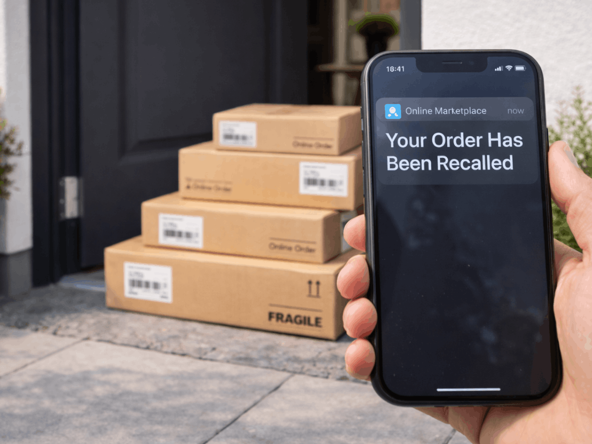 Smartphone showing fake “Your Order Has Been Recalled” message from online marketplace with delivery boxes at front door, illustrating recall scam text and phishing warning.