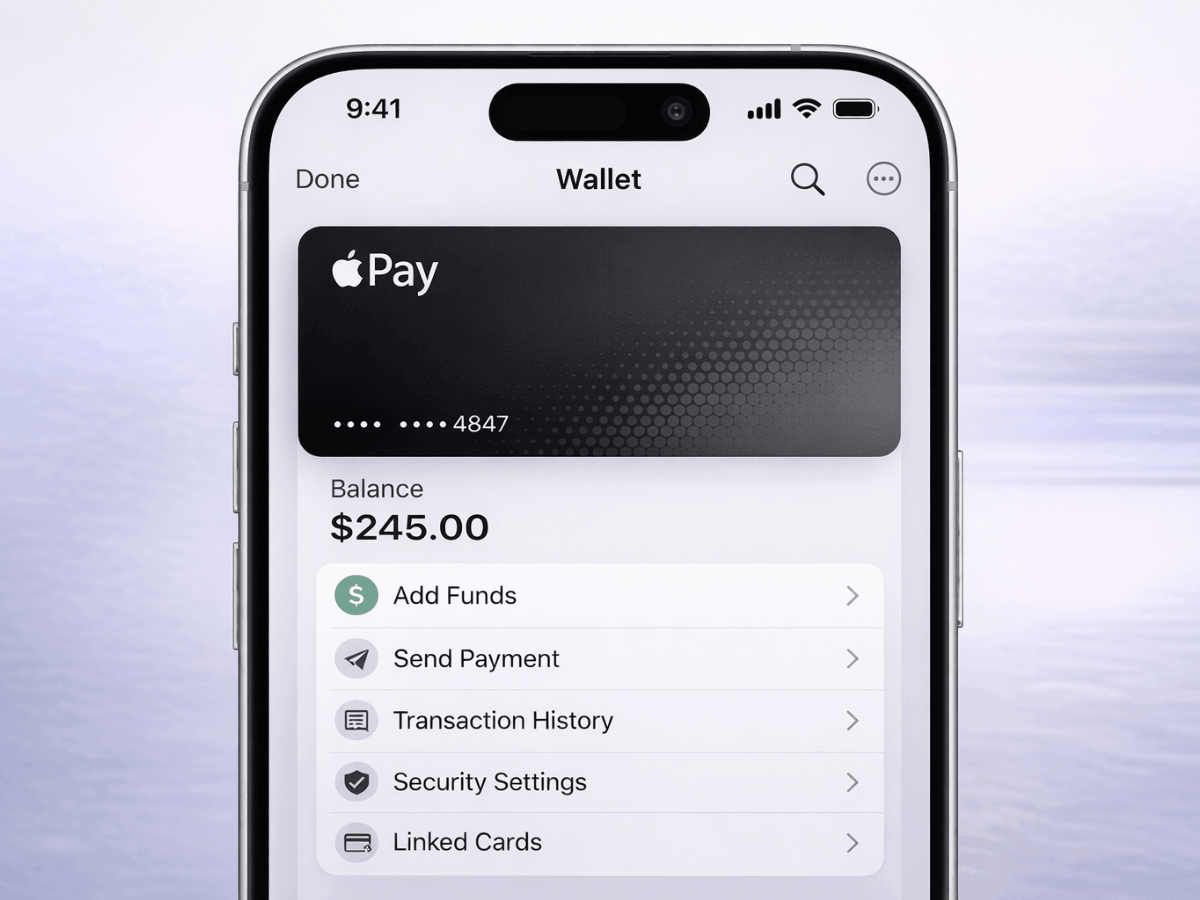 iPhone Wallet app displaying Apple Pay balance, transaction history, security settings, and linked cards, illustrating mobile payment account management and security controls.