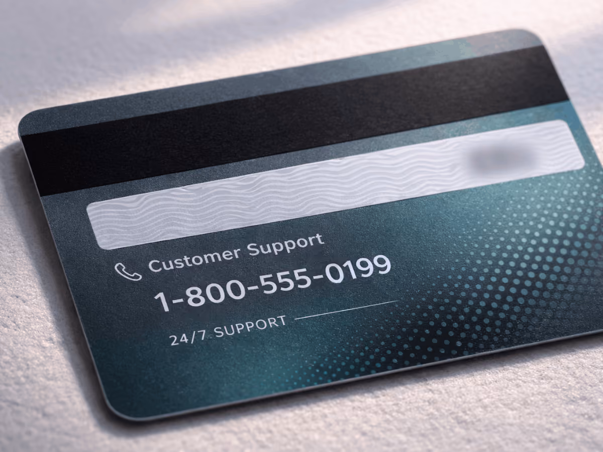 Back of debit or credit card displaying official 24/7 customer support number, illustrating how to contact your bank directly instead of calling scam numbers from text messages.