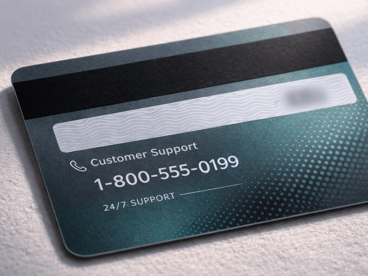 Back of debit or credit card displaying official 24/7 customer support number, illustrating how to contact your bank directly instead of calling scam numbers from text messages.