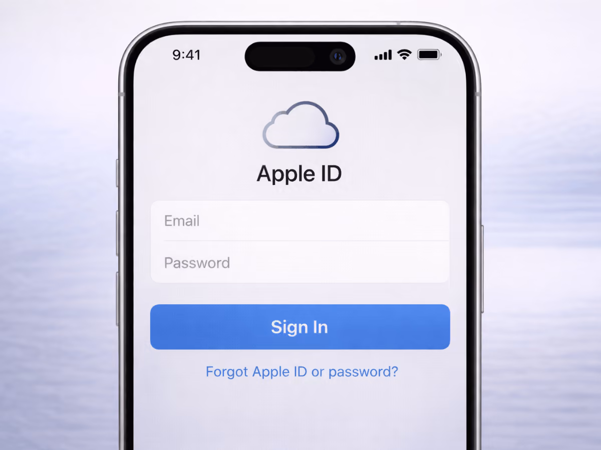 Apple ID login page on iPhone showing sign-in fields, representing fake Apple sign-in phishing attempts and account security risks.