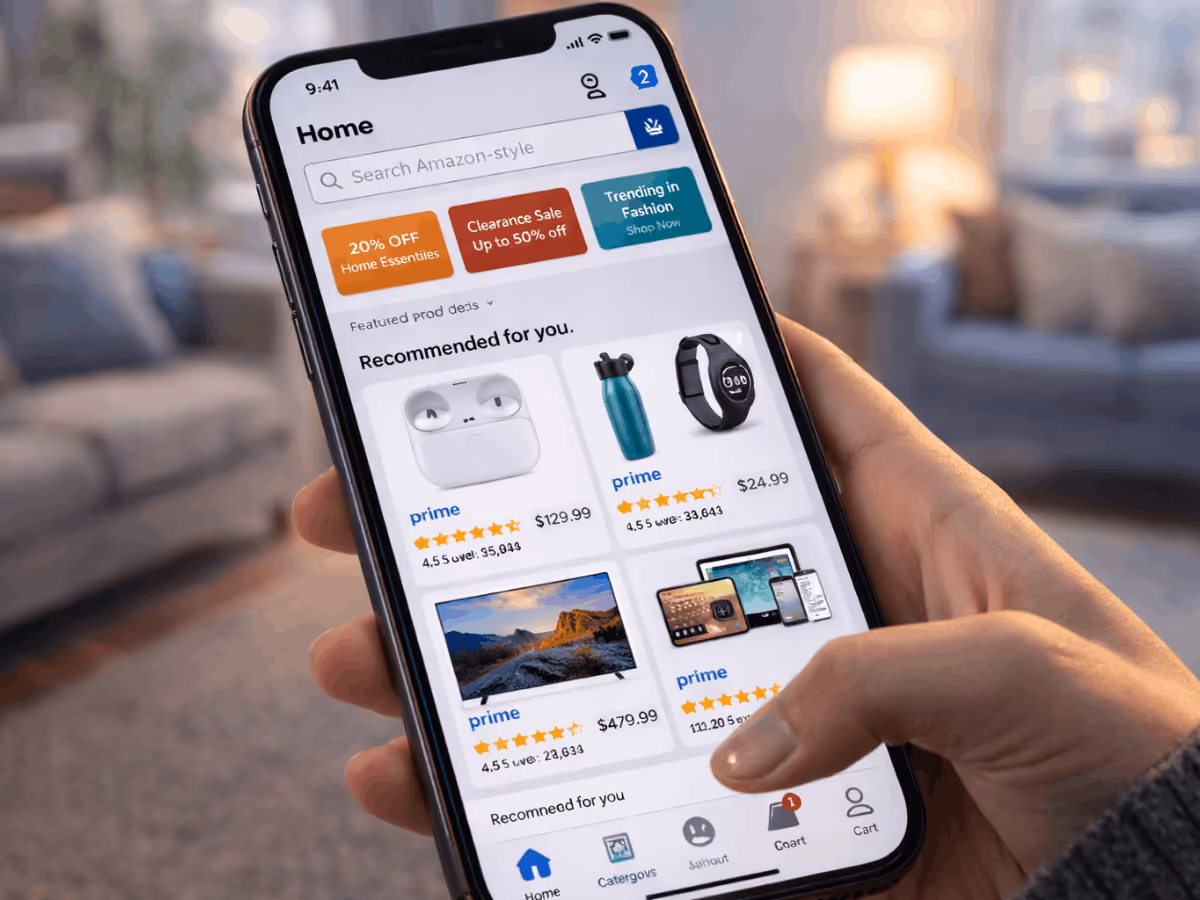 Hand holding a smartphone displaying an online shopping app with product recommendations, discounts, ratings, and featured items on a mobile ecommerce interface.