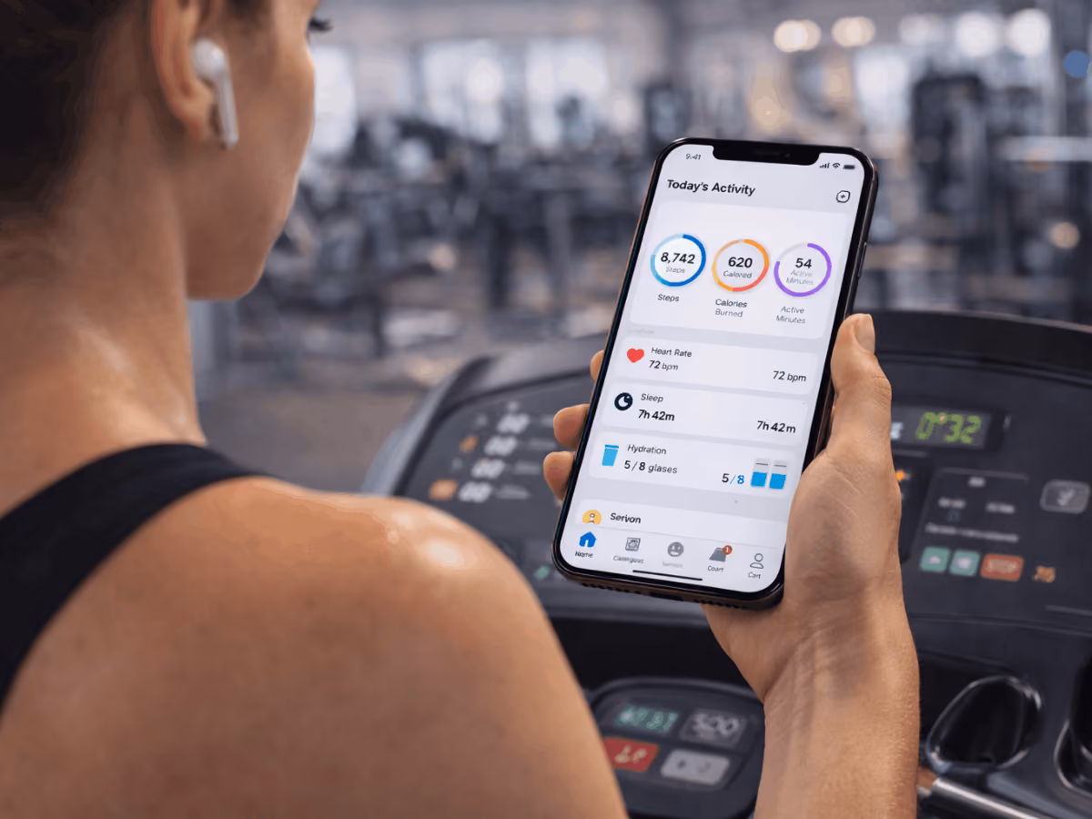 Person using a smartphone fitness tracking app at the gym showing daily activity stats including steps, calories burned, heart rate, and workout progress.